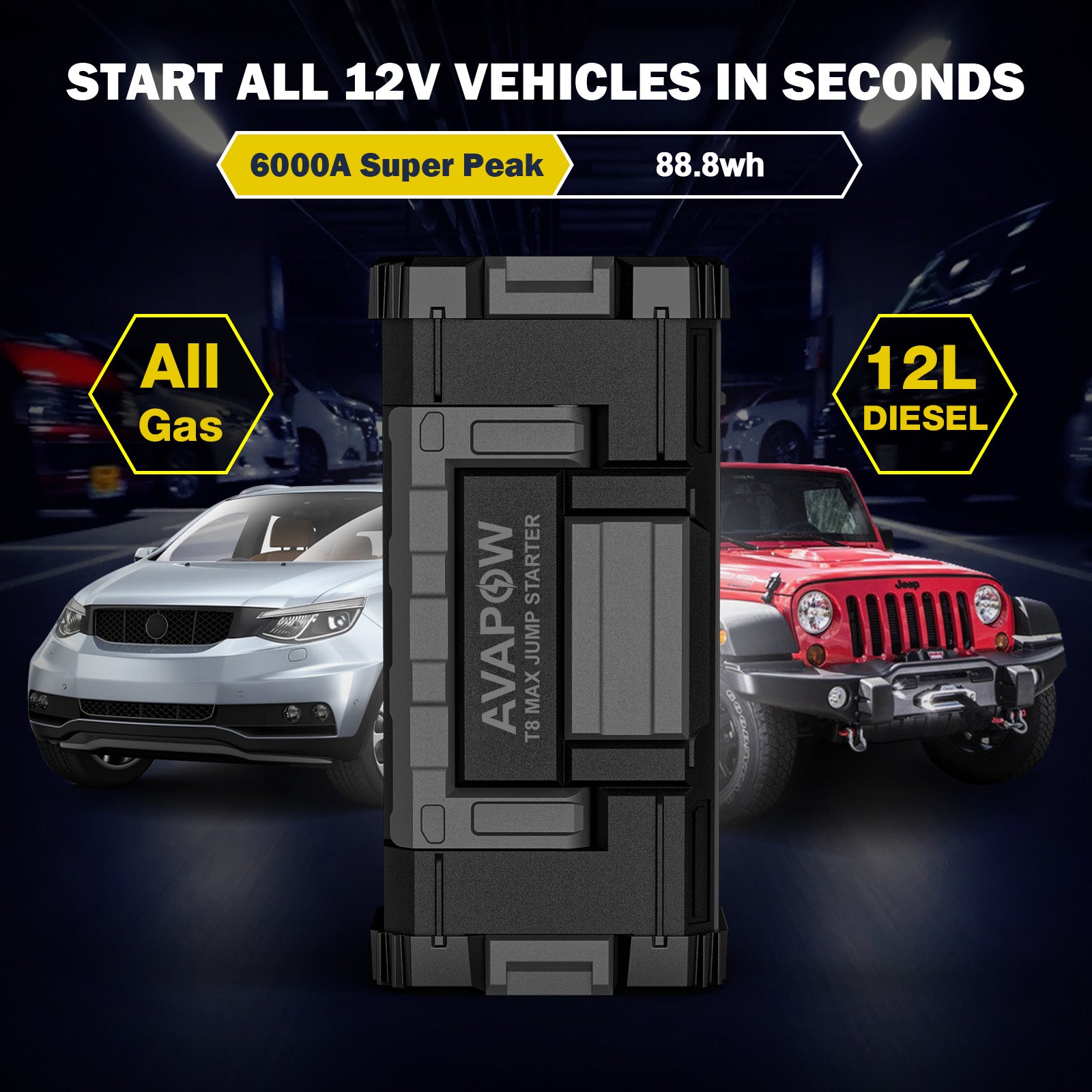 T8 Max AVAPOW 6000A Car Battery Jump Starter for All Gas or Upto 12L Diesel Powerful heavy duty Car Jump Starter