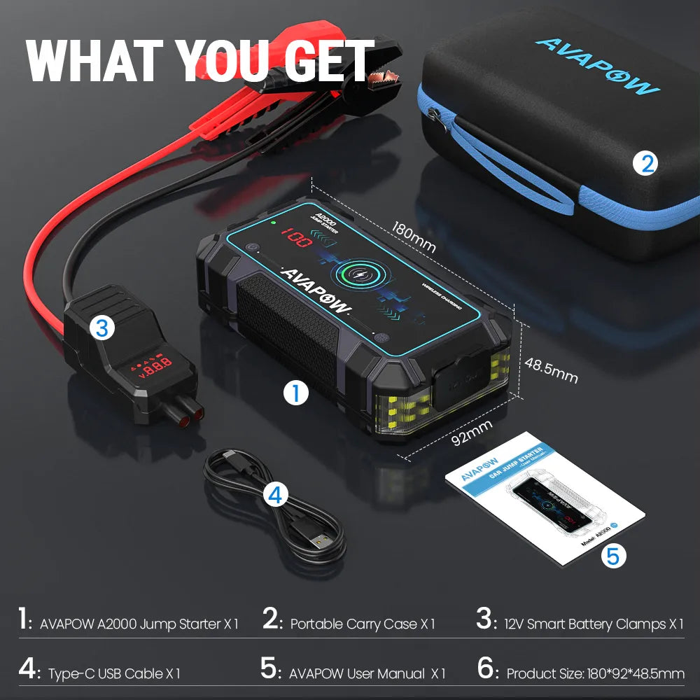AVAPOW A2000 Car Battery Jump Starter 2000A Peak Current 12000mAh Battery Capacity