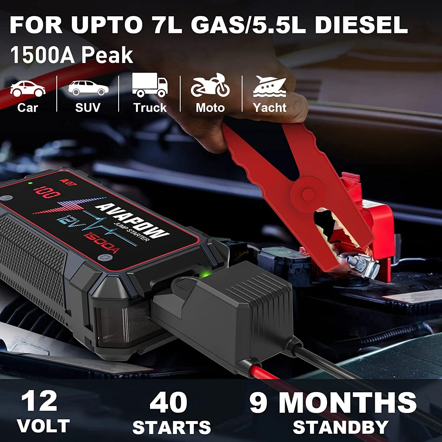 AVAPOW A07 Car Battery Jump Starter 1500A Peak  Battery Capacity