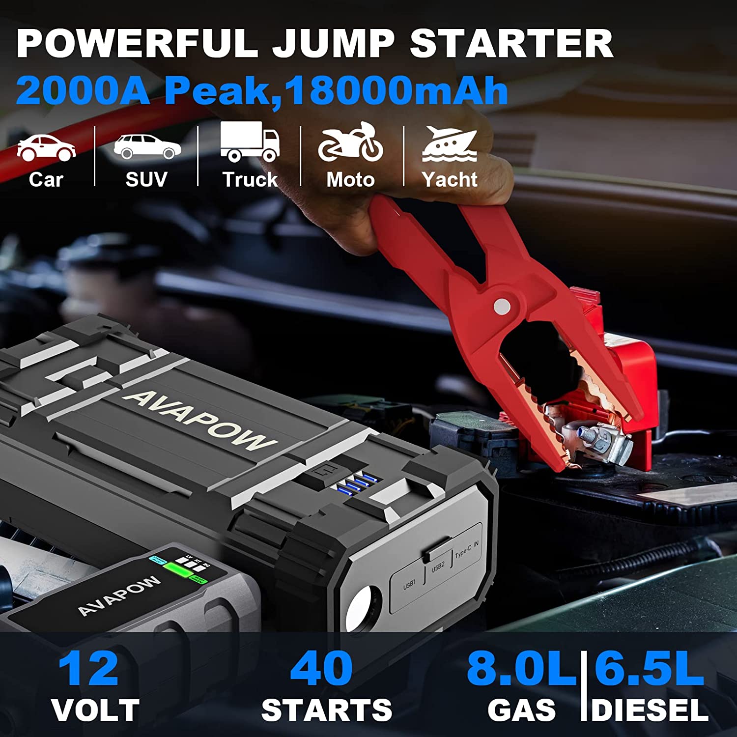 AVAPOW A18 Car Battery Jump Starter 2000A Peak  Battery Capacity