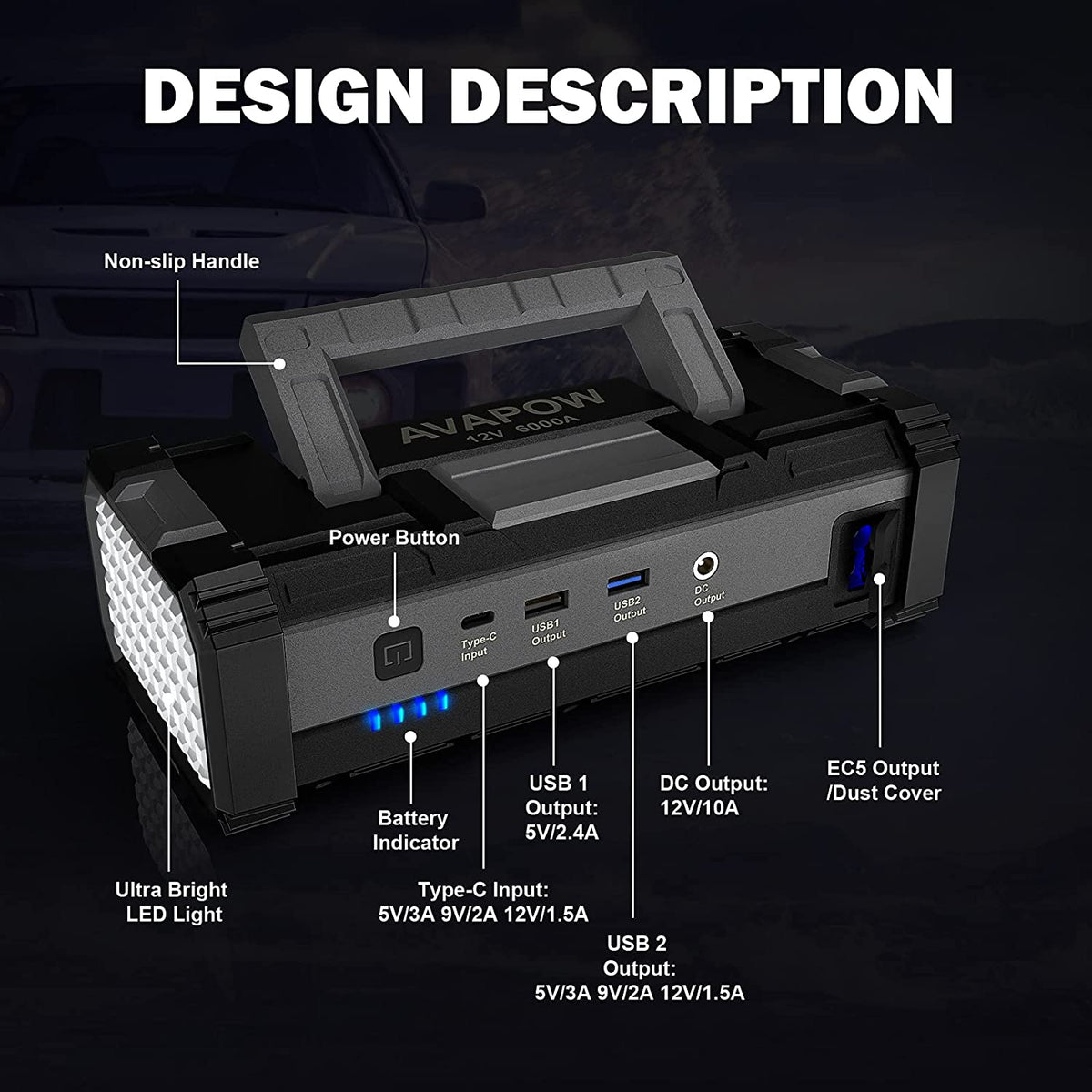 AVAPOW A68 Car Battery Jump Starter 6000A Peak  Battery Capacity