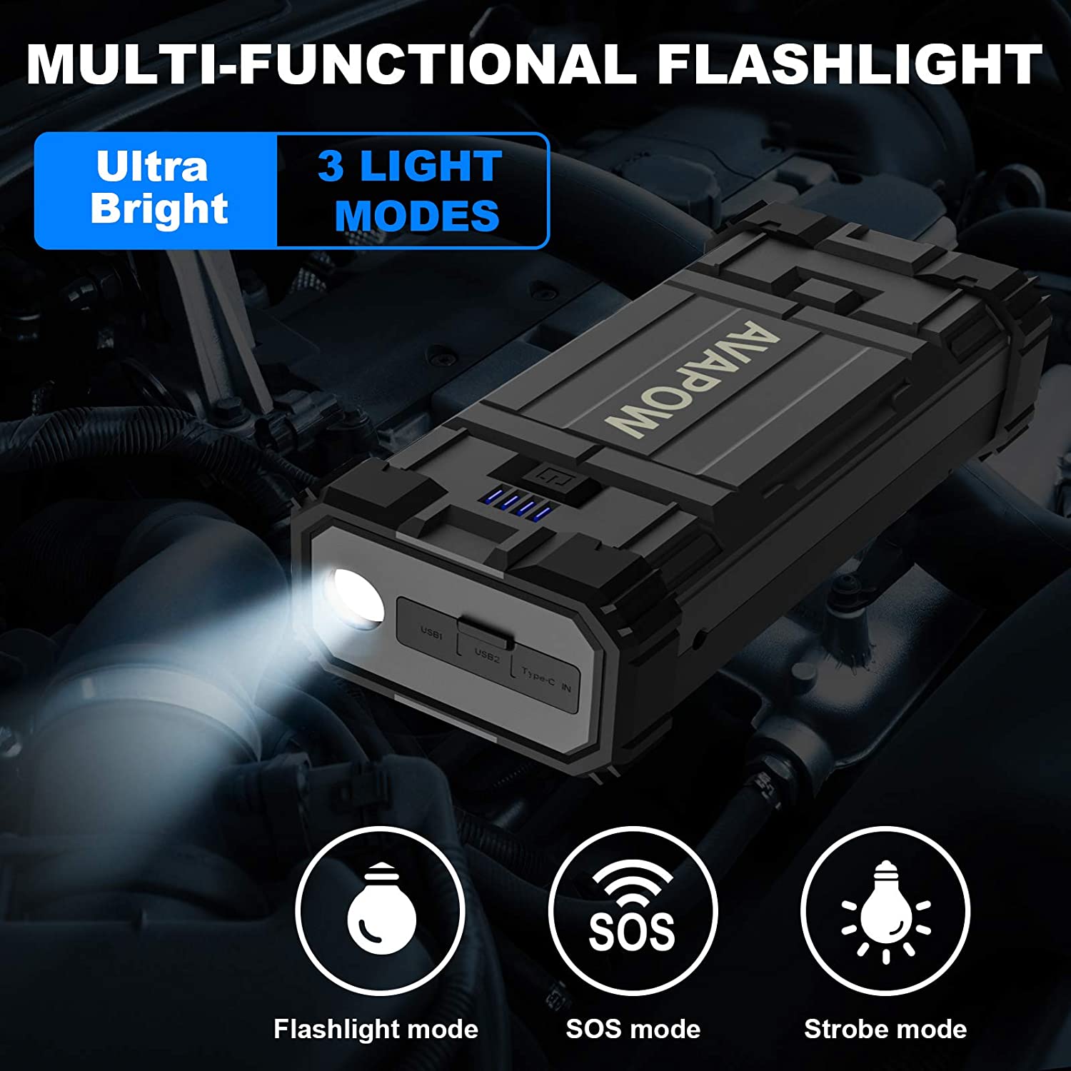 AVAPOW A18 Car Battery Jump Starter 2000A Peak  Battery Capacity